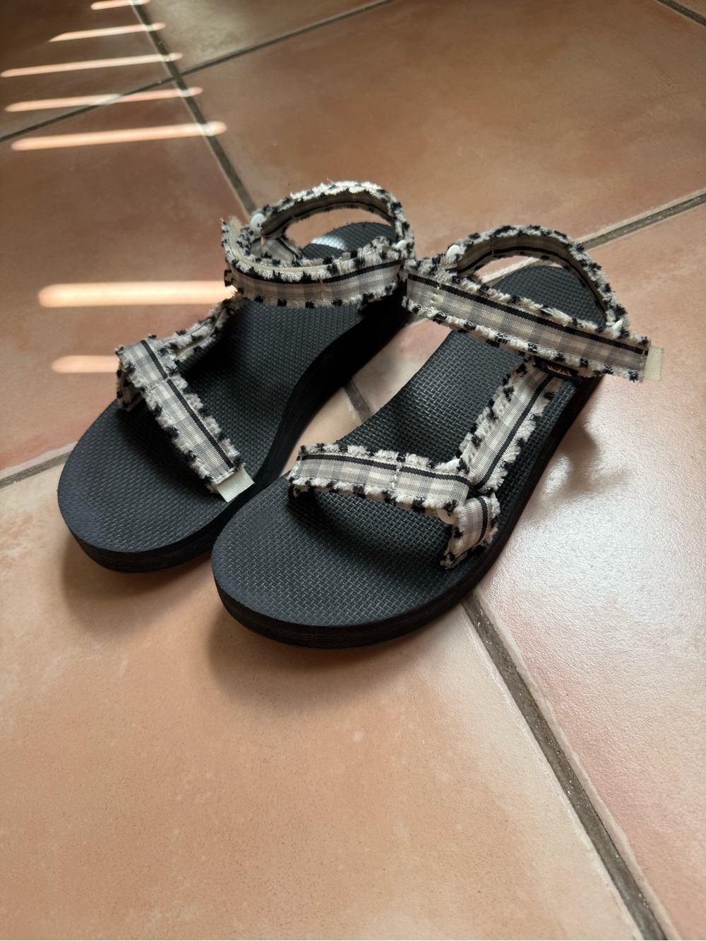 Teva Black Sandal with Black-and-White Plaid Gingham Straps